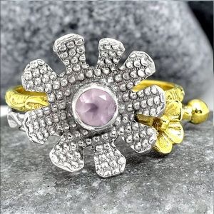 BOUTIQUE 2-TONE ROSE QUARTZ 925 SILVER RING, SZ 8